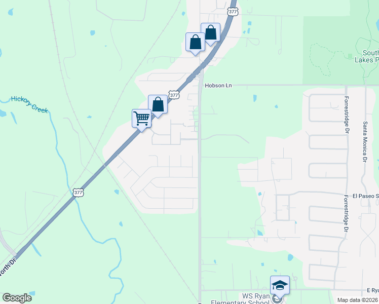 map of restaurants, bars, coffee shops, grocery stores, and more near 3108 Pinehurst Court in Denton