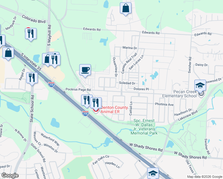 map of restaurants, bars, coffee shops, grocery stores, and more near 5204 Pebble Beach Tr in Denton
