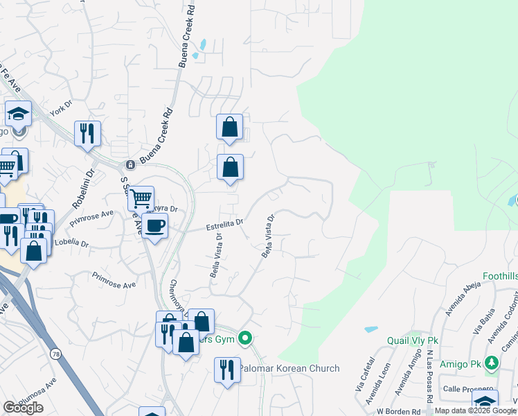 map of restaurants, bars, coffee shops, grocery stores, and more near 403 Estrelita Drive in Vista