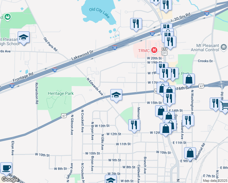 map of restaurants, bars, coffee shops, grocery stores, and more near 834 West 16th Street in Mount Pleasant
