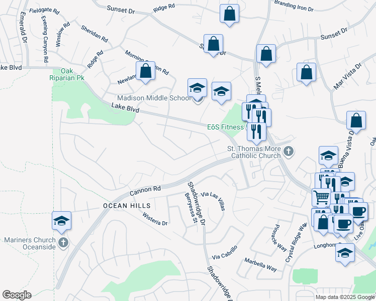 map of restaurants, bars, coffee shops, grocery stores, and more near 4932 Alameda Drive in Oceanside