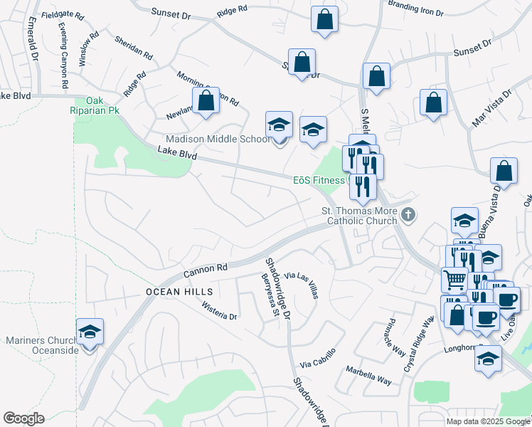 map of restaurants, bars, coffee shops, grocery stores, and more near 4932 Alameda Drive in Oceanside