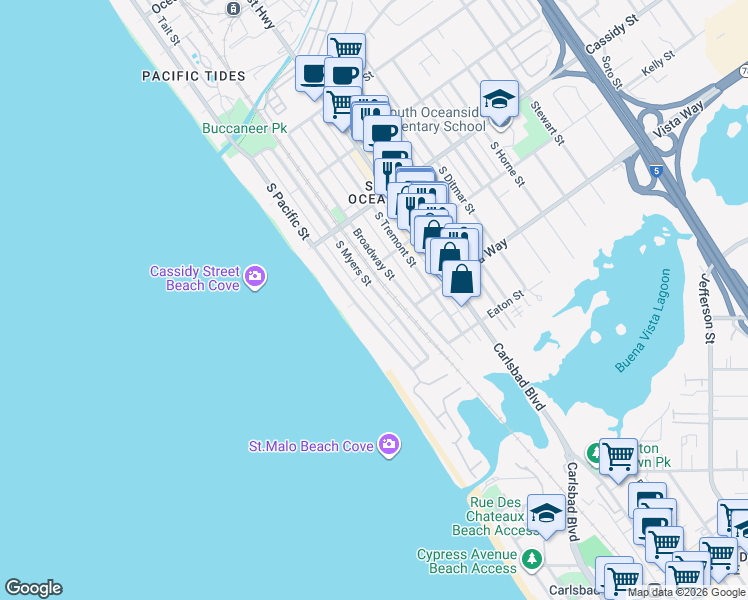 map of restaurants, bars, coffee shops, grocery stores, and more near 1921 South Myers Street in Oceanside