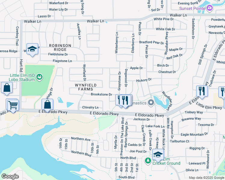 map of restaurants, bars, coffee shops, grocery stores, and more near 1625 Brookstone Drive in Little Elm