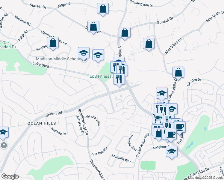 map of restaurants, bars, coffee shops, grocery stores, and more near 3505 Cannon Road in Oceanside