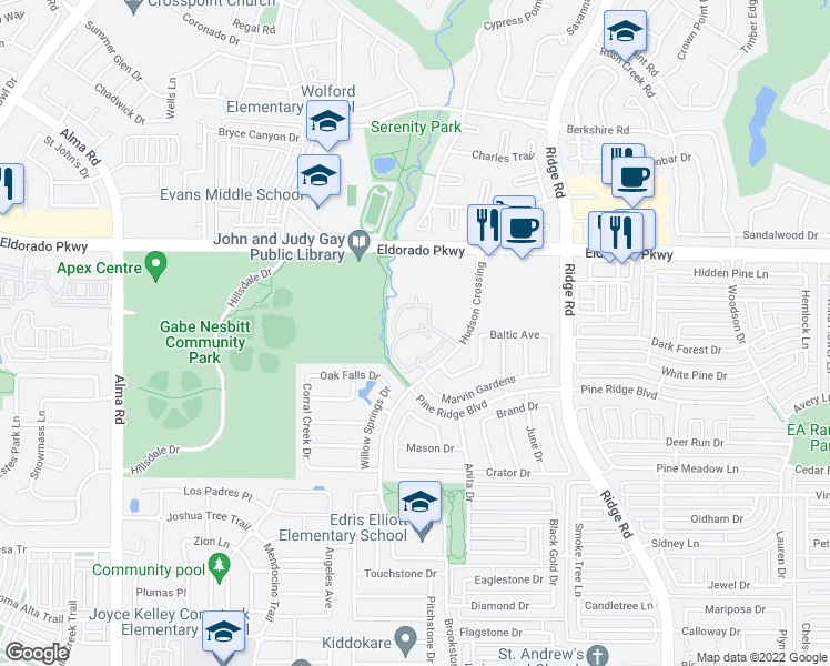 map of restaurants, bars, coffee shops, grocery stores, and more near 3296 Hudson Crossing in McKinney