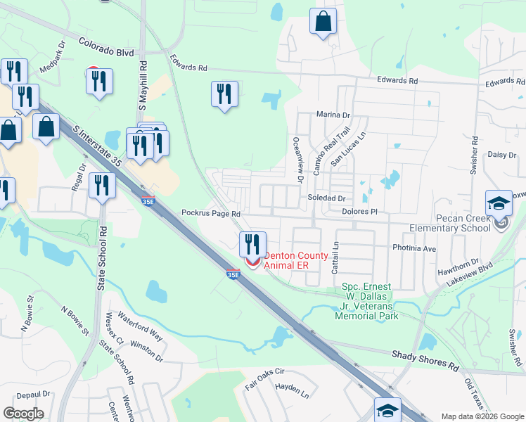 map of restaurants, bars, coffee shops, grocery stores, and more near 5000 Pebble Beach Tr in Denton