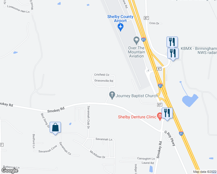 map of restaurants, bars, coffee shops, grocery stores, and more near 104 Crisfield Circle in Calera