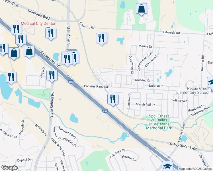 map of restaurants, bars, coffee shops, grocery stores, and more near 3707 Pockrus Page Road in Denton
