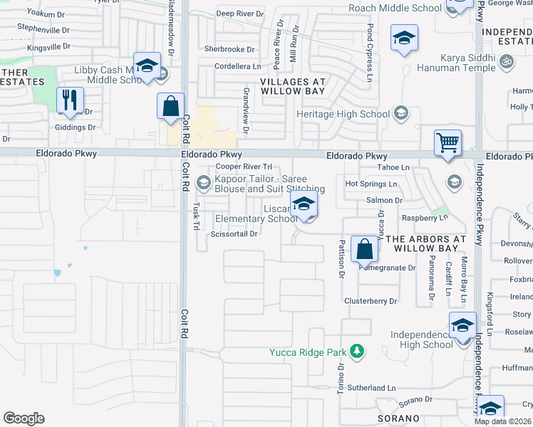 map of restaurants, bars, coffee shops, grocery stores, and more near 11287 Four Roses Trail in Frisco