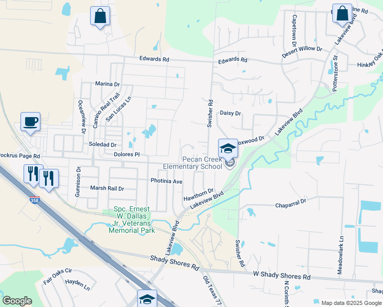 map of restaurants, bars, coffee shops, grocery stores, and more near 6289 Pockrus Page Road in Denton