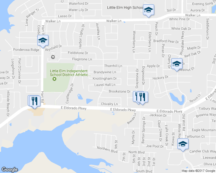 map of restaurants, bars, coffee shops, grocery stores, and more near 1537 Laurel Hall Lane in Little Elm