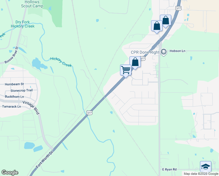 map of restaurants, bars, coffee shops, grocery stores, and more near 3302 Fort Worth Drive in Denton