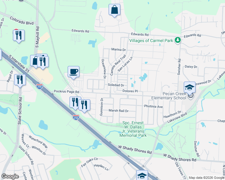map of restaurants, bars, coffee shops, grocery stores, and more near 3917 Camino Real Trail in Denton