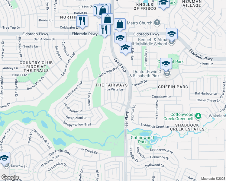 map of restaurants, bars, coffee shops, grocery stores, and more near 11277 Raveneaux Drive in Frisco