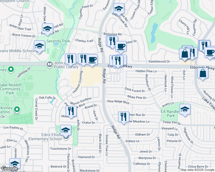 map of restaurants, bars, coffee shops, grocery stores, and more near 6260 Dark Forest Drive in McKinney