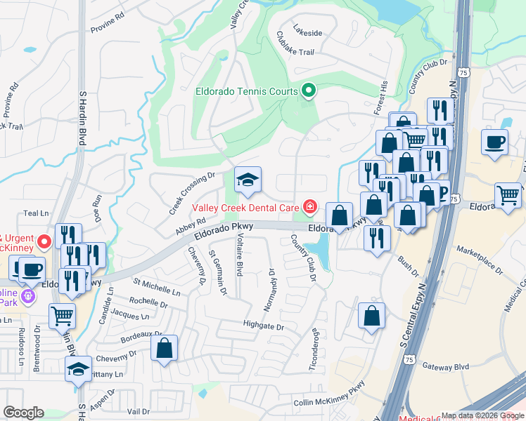 map of restaurants, bars, coffee shops, grocery stores, and more near 2800 Valley Creek Trail in McKinney