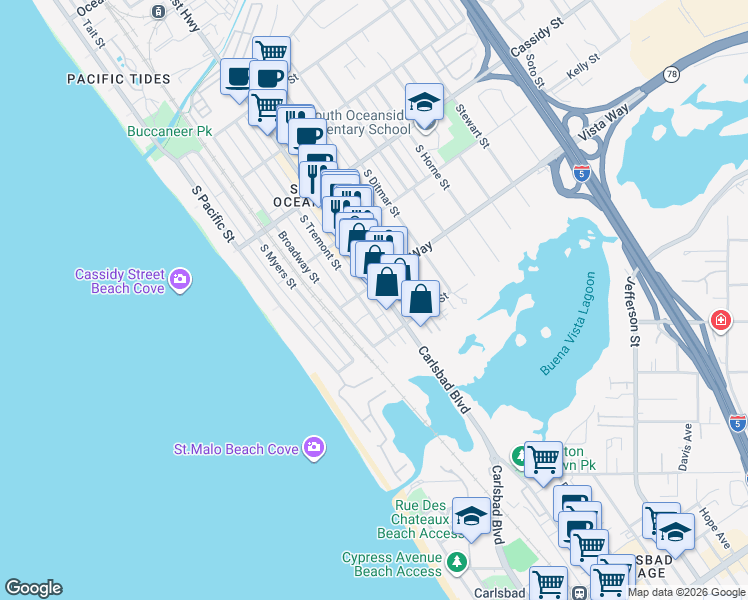 map of restaurants, bars, coffee shops, grocery stores, and more near 2013 South Tremont Street in Oceanside