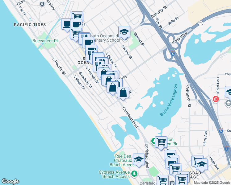map of restaurants, bars, coffee shops, grocery stores, and more near 2022 South Coast Highway in Oceanside