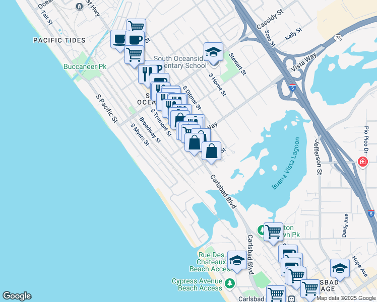 map of restaurants, bars, coffee shops, grocery stores, and more near 2013 South Tremont Street in Oceanside