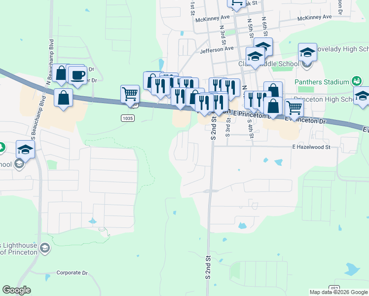 map of restaurants, bars, coffee shops, grocery stores, and more near 323 Rock Ct in Princeton