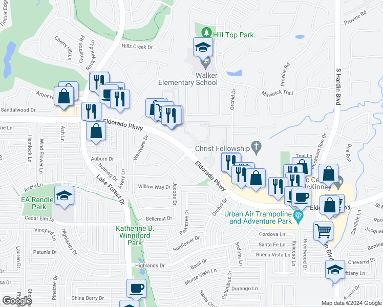 map of restaurants, bars, coffee shops, grocery stores, and more near 4408 Courtside Drive in McKinney
