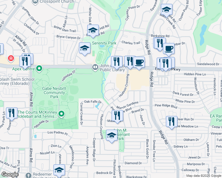 map of restaurants, bars, coffee shops, grocery stores, and more near 3296 Hudson Crossing in McKinney