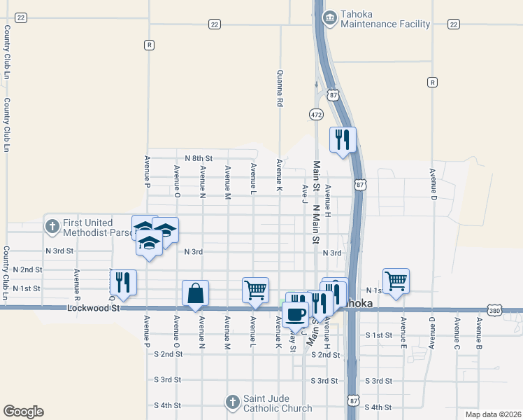 map of restaurants, bars, coffee shops, grocery stores, and more near 1701-1799 North 5th Street in Tahoka