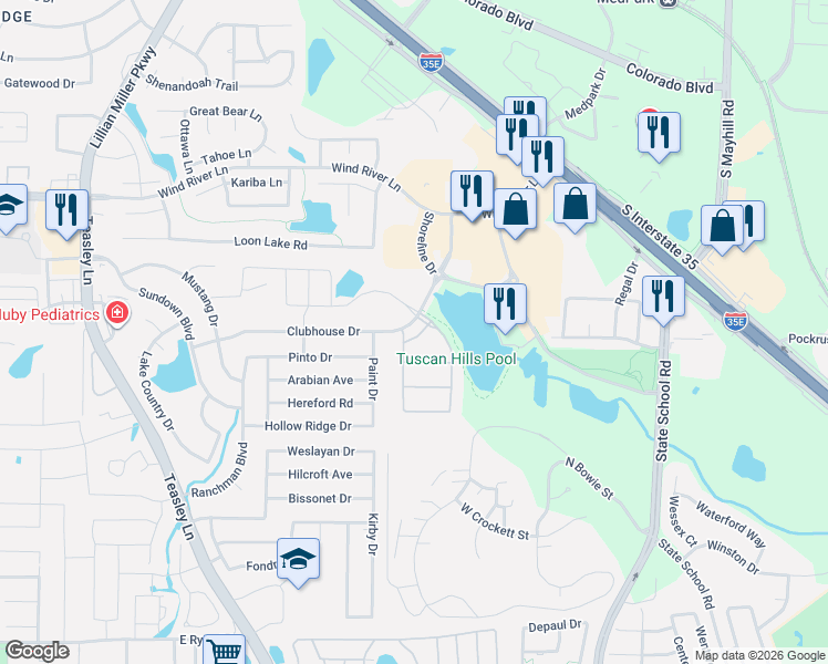 map of restaurants, bars, coffee shops, grocery stores, and more near 3412 Tuscan Hills Circle in Denton