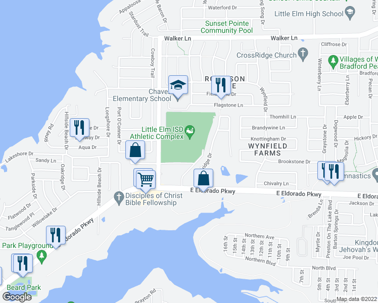 map of restaurants, bars, coffee shops, grocery stores, and more near 1151 East Eldorado Parkway in Little Elm