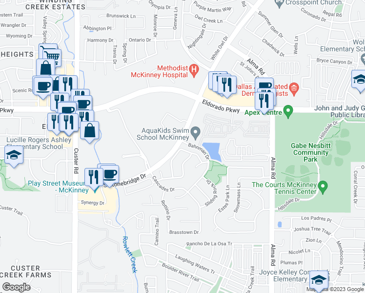 map of restaurants, bars, coffee shops, grocery stores, and more near 8112 Connestee Drive in McKinney
