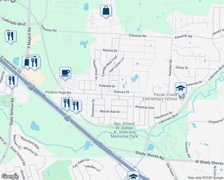 map of restaurants, bars, coffee shops, grocery stores, and more near 5417 Dolores Place in Denton