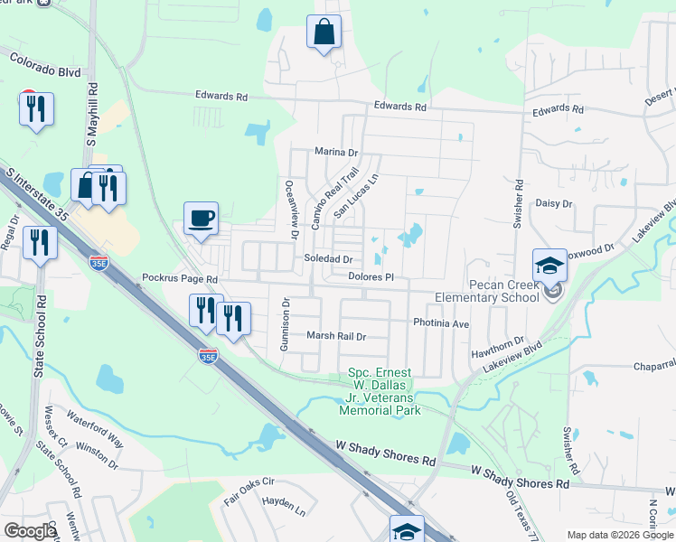 map of restaurants, bars, coffee shops, grocery stores, and more near 5400 Dolores Place in Denton