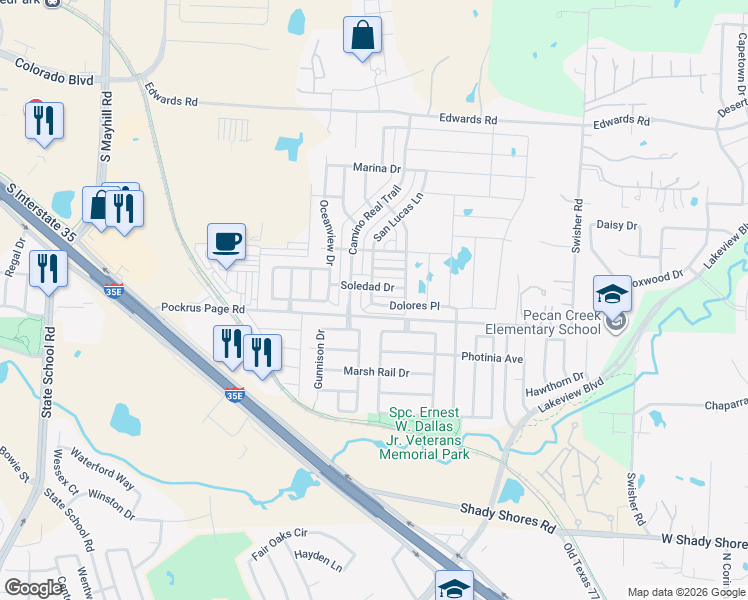 map of restaurants, bars, coffee shops, grocery stores, and more near 5400 Dolores Place in Denton
