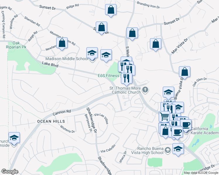 map of restaurants, bars, coffee shops, grocery stores, and more near 4992 Lassen Drive in Oceanside