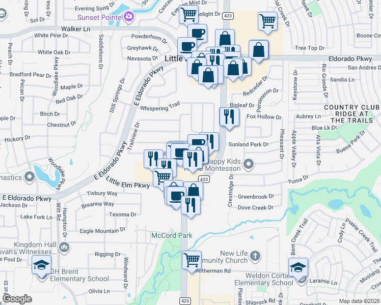map of restaurants, bars, coffee shops, grocery stores, and more near 2705 Little Elm Parkway in Little Elm