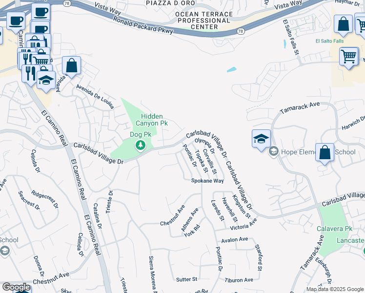 map of restaurants, bars, coffee shops, grocery stores, and more near 2714 Olympia Drive in Carlsbad