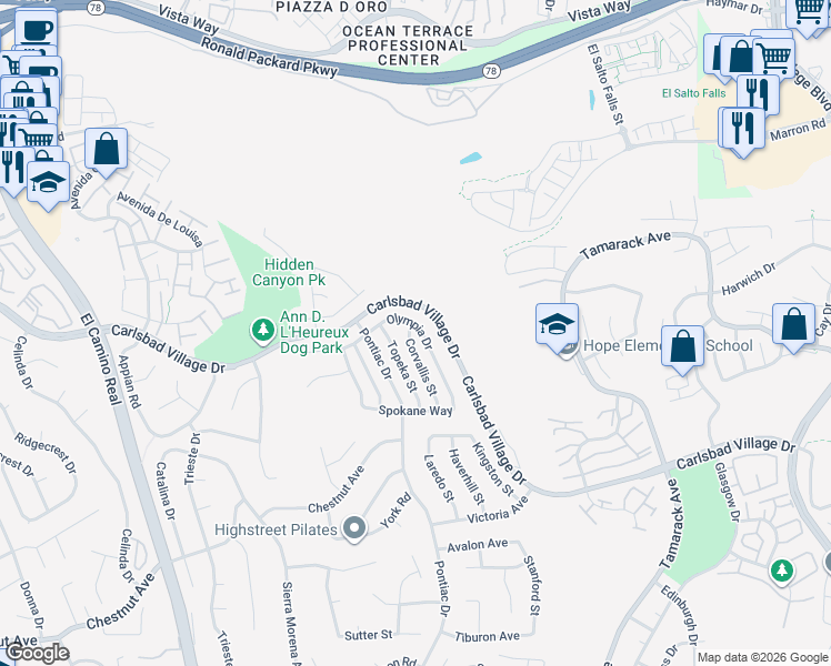 map of restaurants, bars, coffee shops, grocery stores, and more near 3431 Corvallis Street in Carlsbad