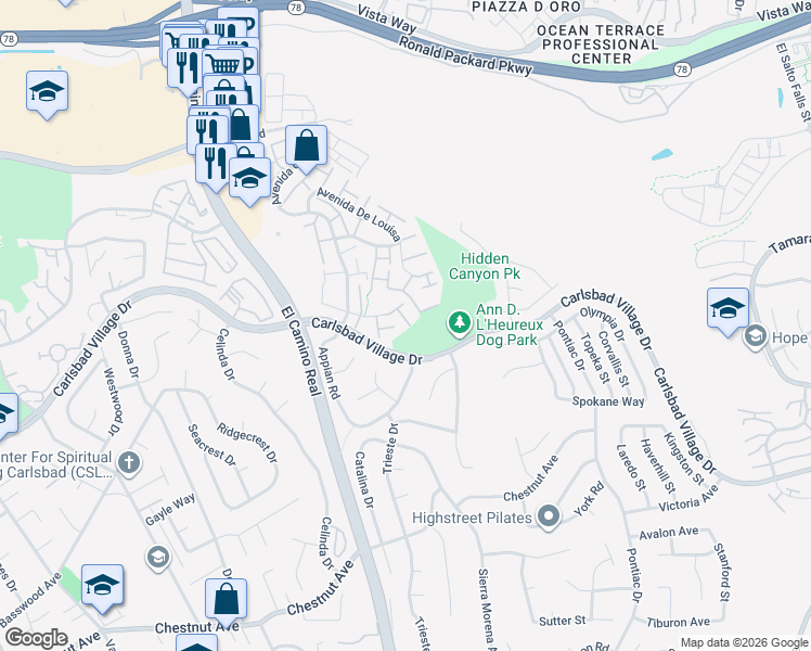 map of restaurants, bars, coffee shops, grocery stores, and more near 3219 Via Pescado in Carlsbad