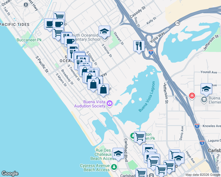 map of restaurants, bars, coffee shops, grocery stores, and more near 605 Eaton Street in Oceanside