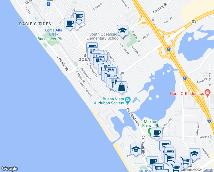 map of restaurants, bars, coffee shops, grocery stores, and more near 2013 South Tremont Street in Oceanside