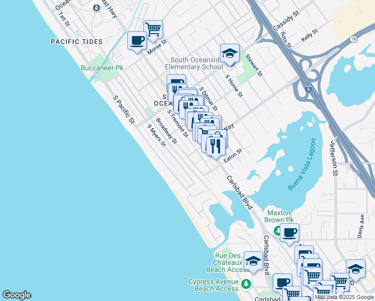map of restaurants, bars, coffee shops, grocery stores, and more near 2010 Broadway Street in Oceanside