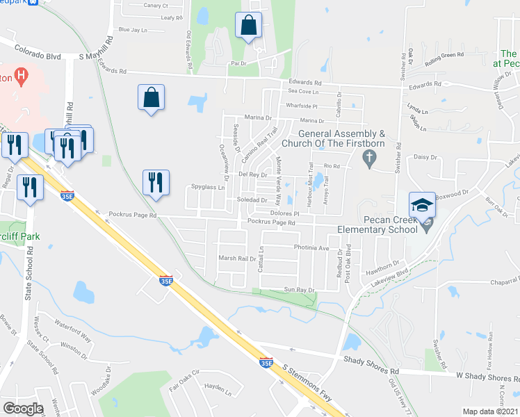 map of restaurants, bars, coffee shops, grocery stores, and more near 5400 Dolores Place in Denton