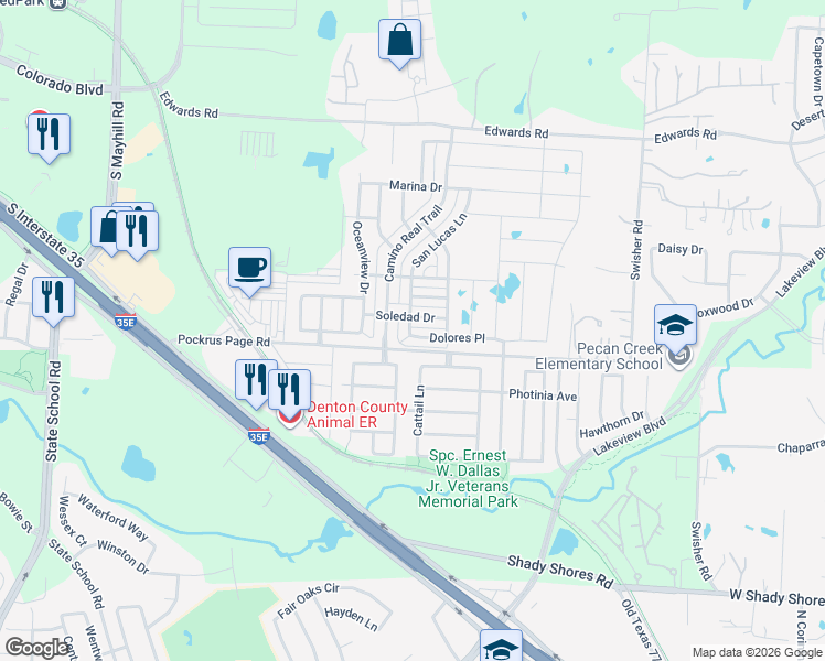 map of restaurants, bars, coffee shops, grocery stores, and more near 5400 Dolores Place in Denton