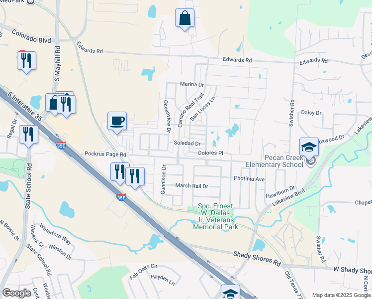 map of restaurants, bars, coffee shops, grocery stores, and more near 5400 Dolores Place in Denton