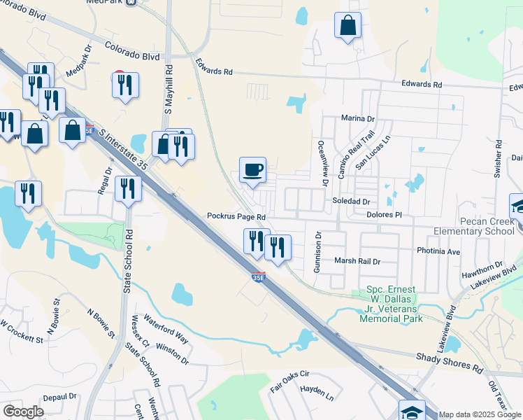 map of restaurants, bars, coffee shops, grocery stores, and more near 3707 Pockrus Page Road in Denton