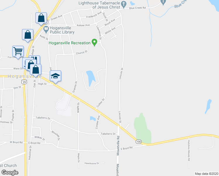 map of restaurants, bars, coffee shops, grocery stores, and more near 105 Collier Street in Hogansville