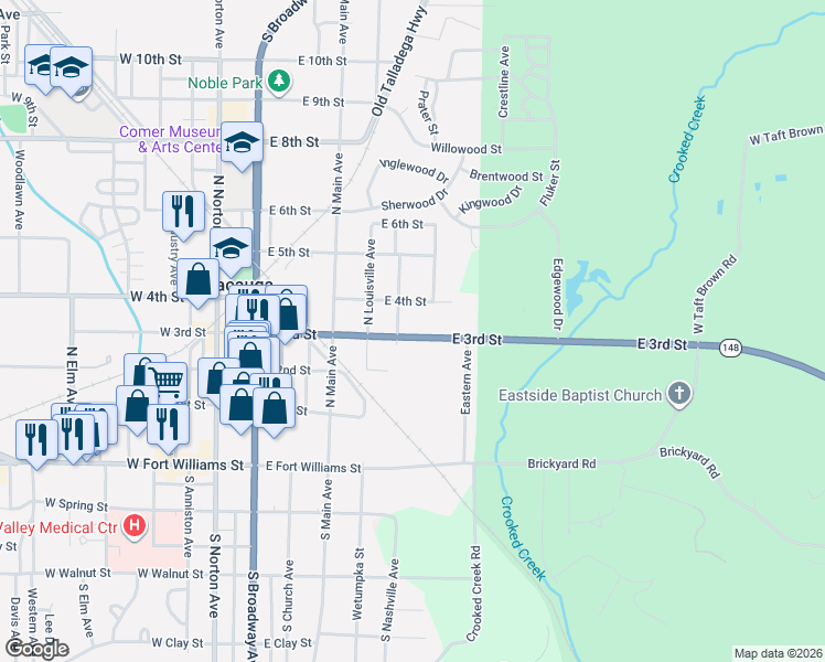 map of restaurants, bars, coffee shops, grocery stores, and more near 405 East 3rd Street in Sylacauga