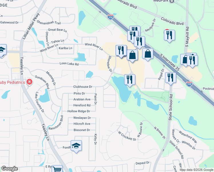 map of restaurants, bars, coffee shops, grocery stores, and more near 3653 Tuscan Hills Circle in Denton