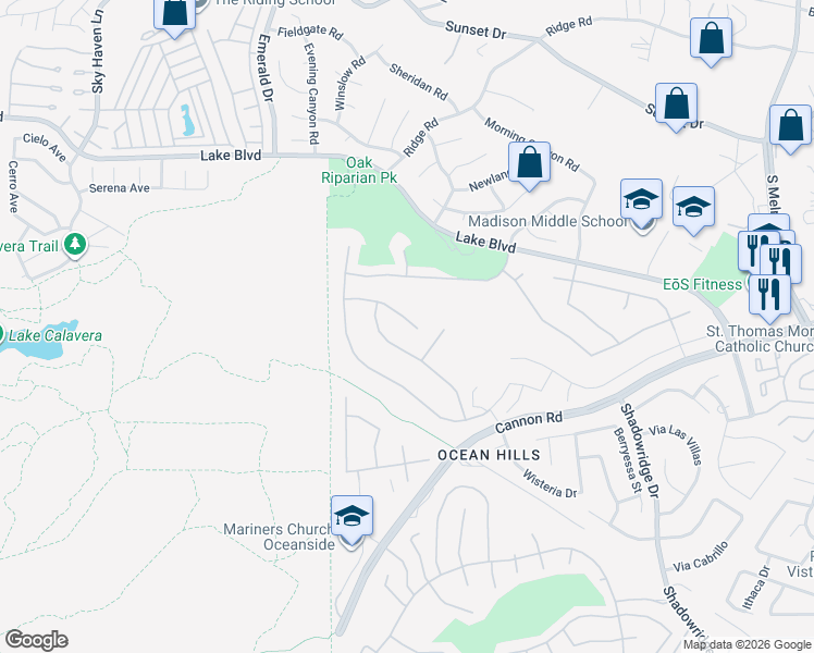map of restaurants, bars, coffee shops, grocery stores, and more near 3761 Hillview Way in Oceanside